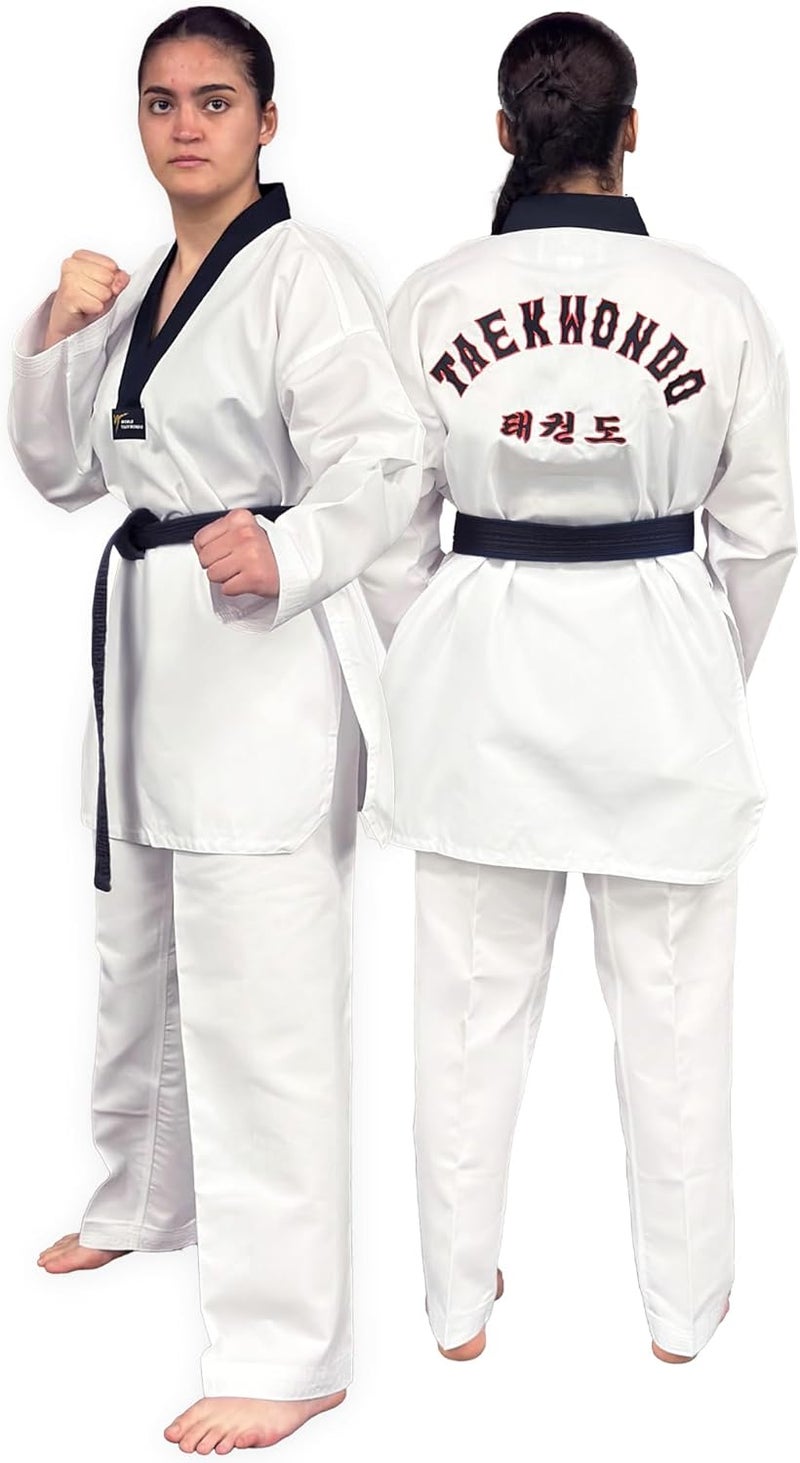 Dae Do Taekwondo Uniform - Black Neck, WT Recognized, Ribbed Polyester, Includes Pants & Top with Embroidered Taekwondo - Image 1
